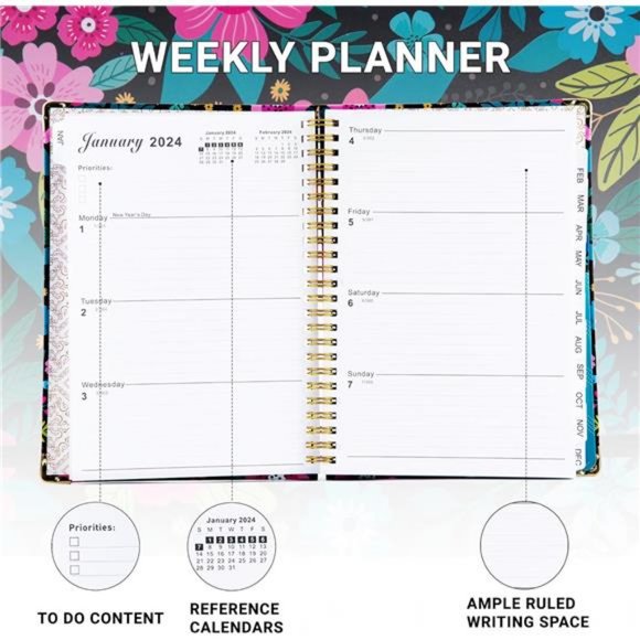 2024 Planner- Weekly & Monthly Planner, Spiral Bound with Tabs, Inner Pocket - Picture 4 of 8